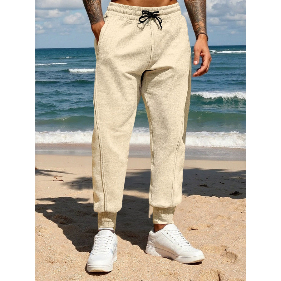 Men’s Full Size Casual Drawstring Joggers Plus Size Khaki / S Apparel and Accessories