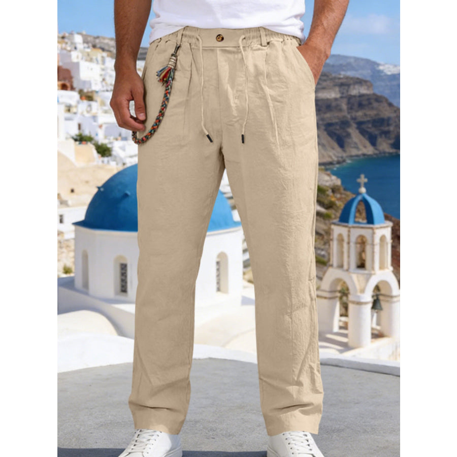 Men’s Full Size Casual Drawstring Pants with Pockets Plus Size Beige / S Apparel and Accessories