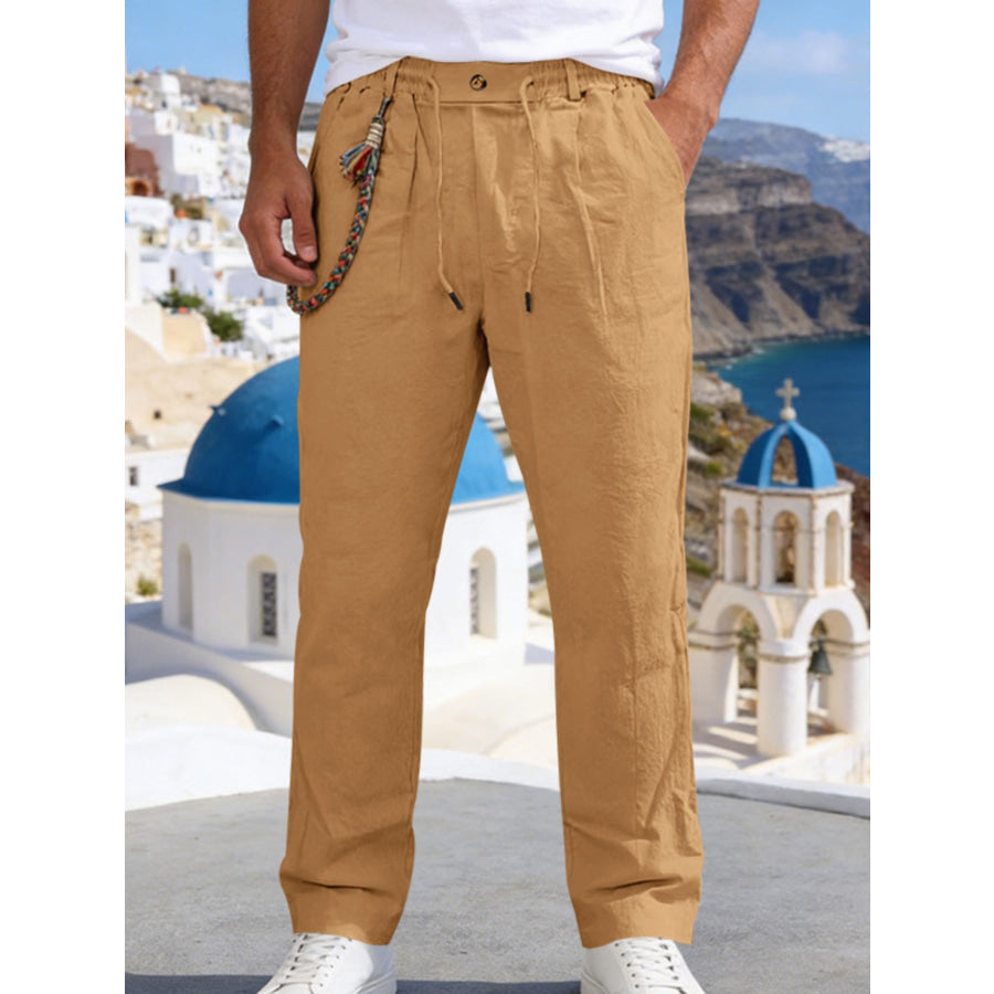 Men’s Full Size Casual Drawstring Pants with Pockets Plus Size Mustard / S Apparel and Accessories