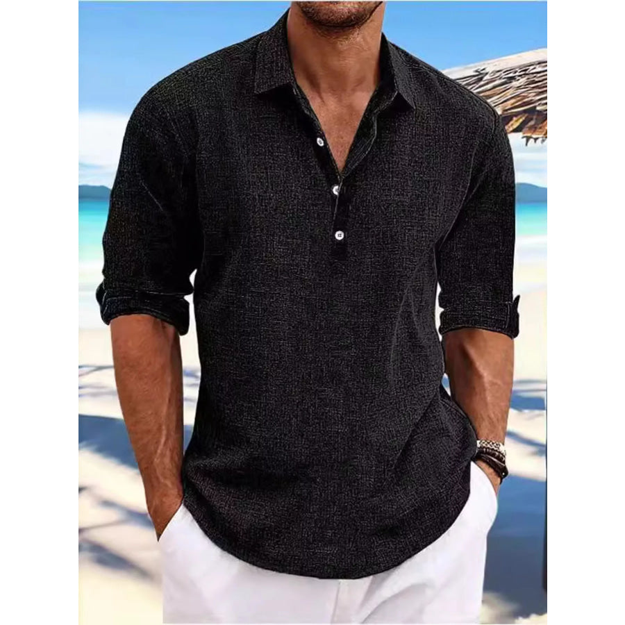 Men’s Full Size Casual Half Button Shirt Plus Size Black / S Apparel and Accessories
