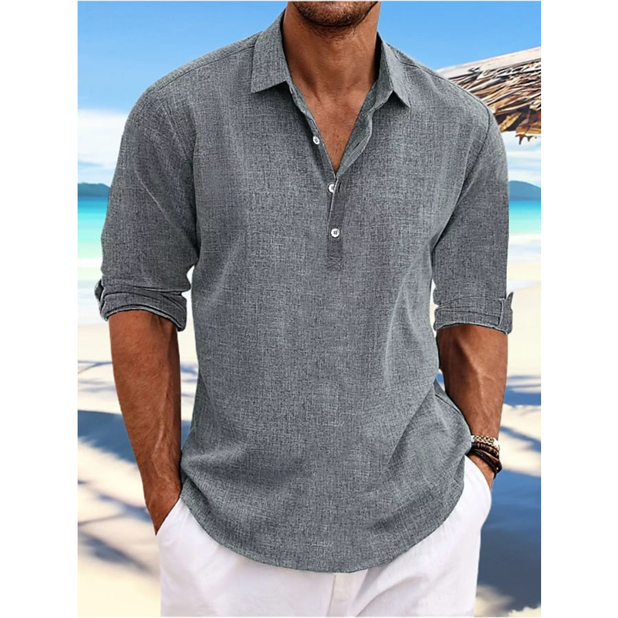 Men’s Full Size Casual Half Button Shirt Plus Size Gray / S Apparel and Accessories