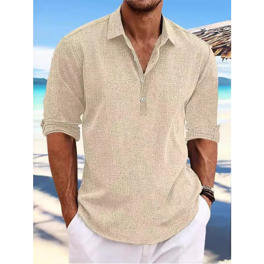 Men’s Full Size Casual Half Button Shirt Plus Size Khaki / S Apparel and Accessories