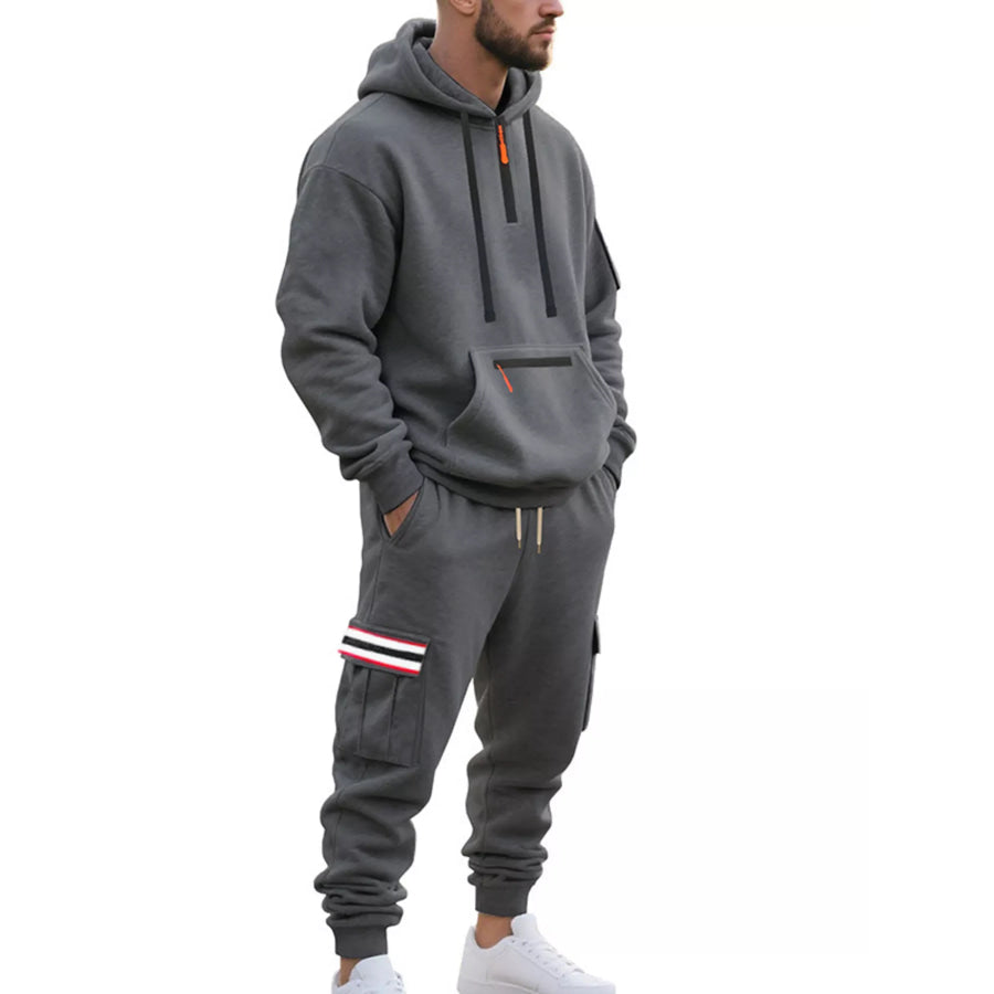 Men’s Full Size Casual Half-Zip Hoodie and Cargo Pants Set Plus Size Apparel and Accessories