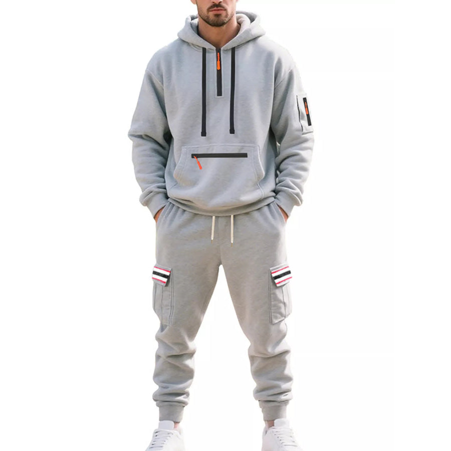 Men’s Full Size Casual Half-Zip Hoodie and Cargo Pants Set Plus Size Apparel and Accessories