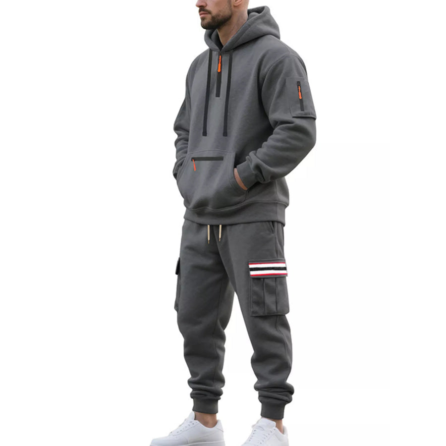 Men’s Full Size Casual Half-Zip Hoodie and Cargo Pants Set Plus Size Apparel and Accessories