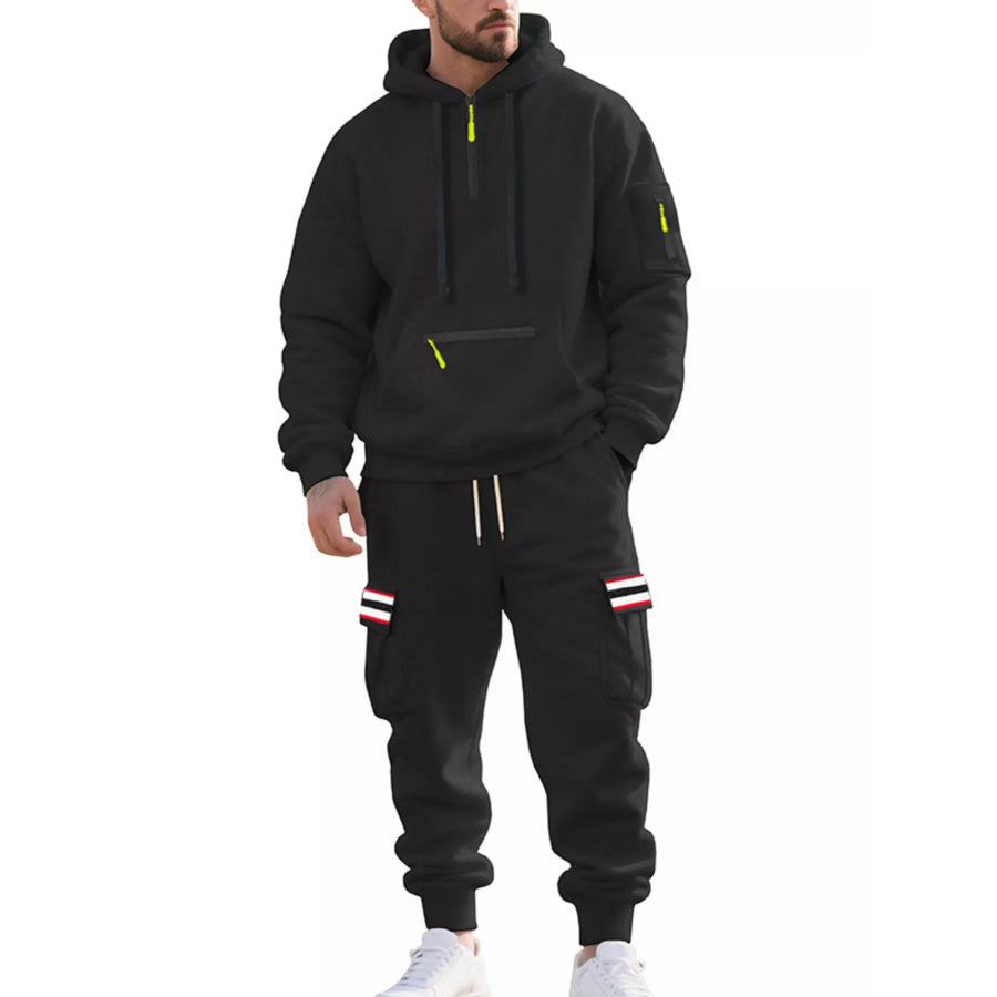 Men’s Full Size Casual Half-Zip Hoodie and Cargo Pants Set Plus Size Black / M Apparel and Accessories