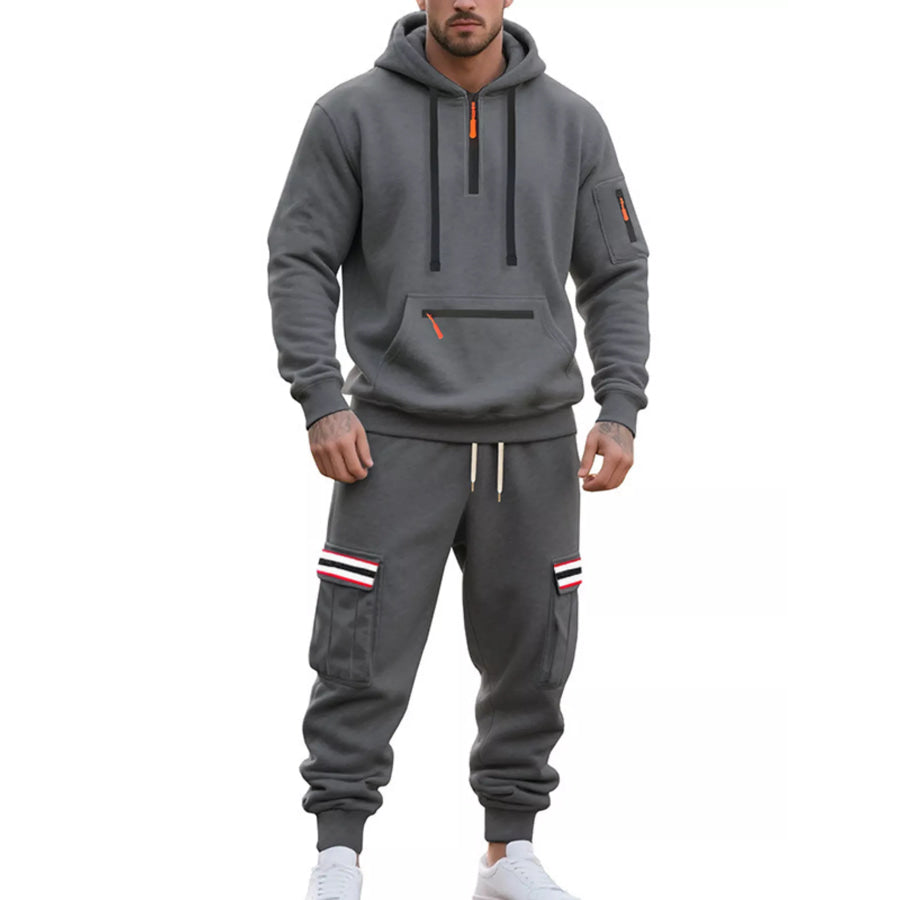 Men’s Full Size Casual Half-Zip Hoodie and Cargo Pants Set Plus Size Dark Gray / M Apparel and Accessories