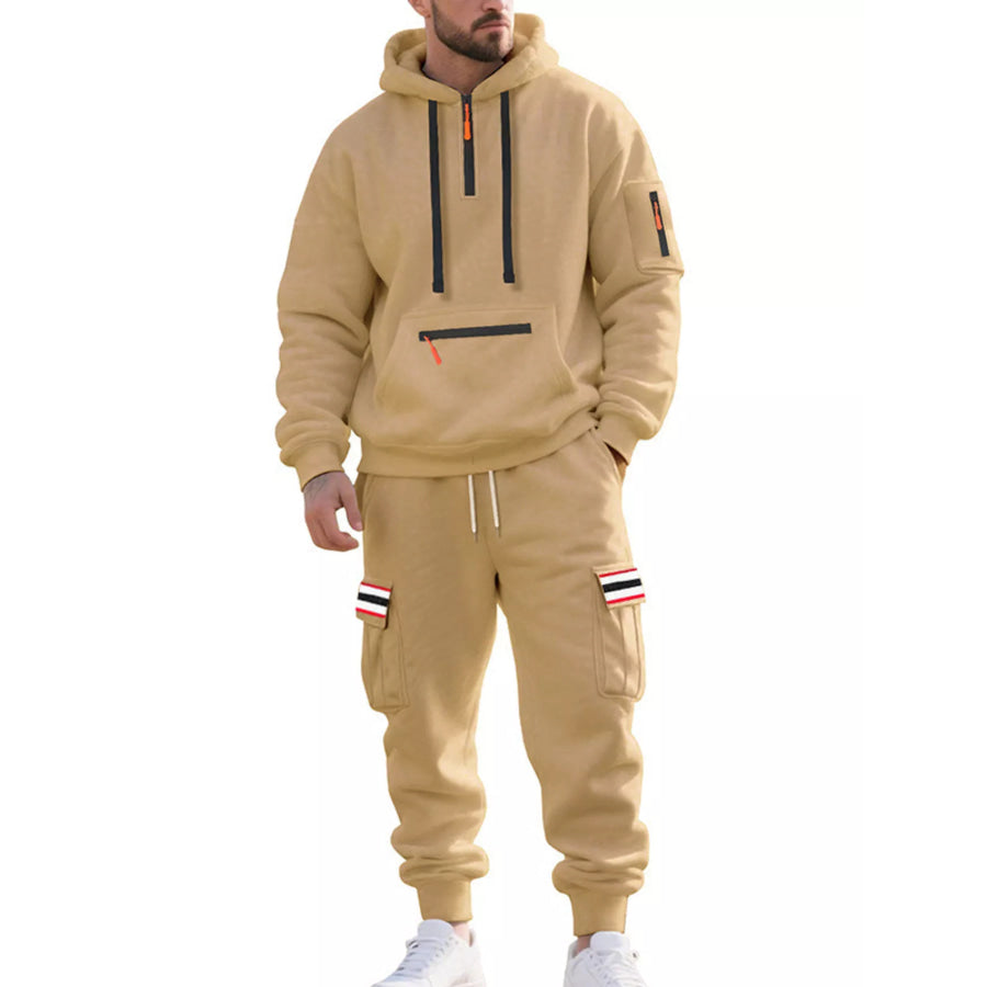 Men’s Full Size Casual Half-Zip Hoodie and Cargo Pants Set Plus Size Khaki / M Apparel and Accessories