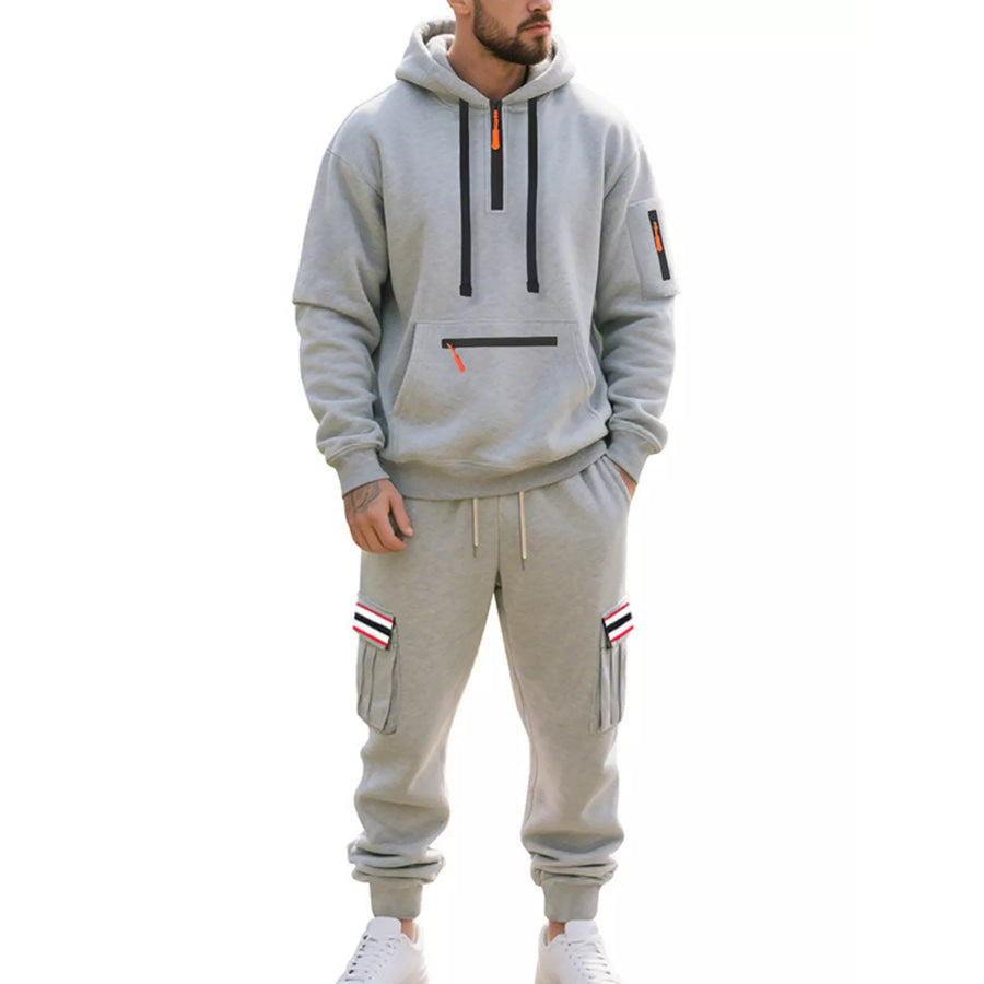 Men’s Full Size Casual Half-Zip Hoodie and Cargo Pants Set Plus Size Light Gray / M Apparel and Accessories
