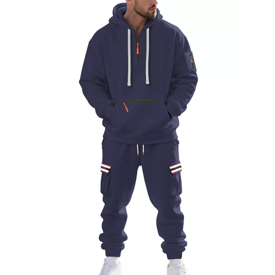 Men’s Full Size Casual Half-Zip Hoodie and Cargo Pants Set Plus Size Navy Blue / M Apparel and Accessories