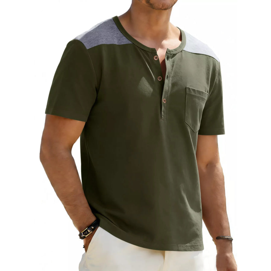 Men’s Full Size Casual Henley T-Shirt with Pocket Plus Army Green / S Apparel and Accessories