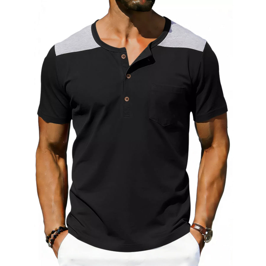 Men’s Full Size Casual Henley T-Shirt with Pocket Plus Black / S Apparel and Accessories