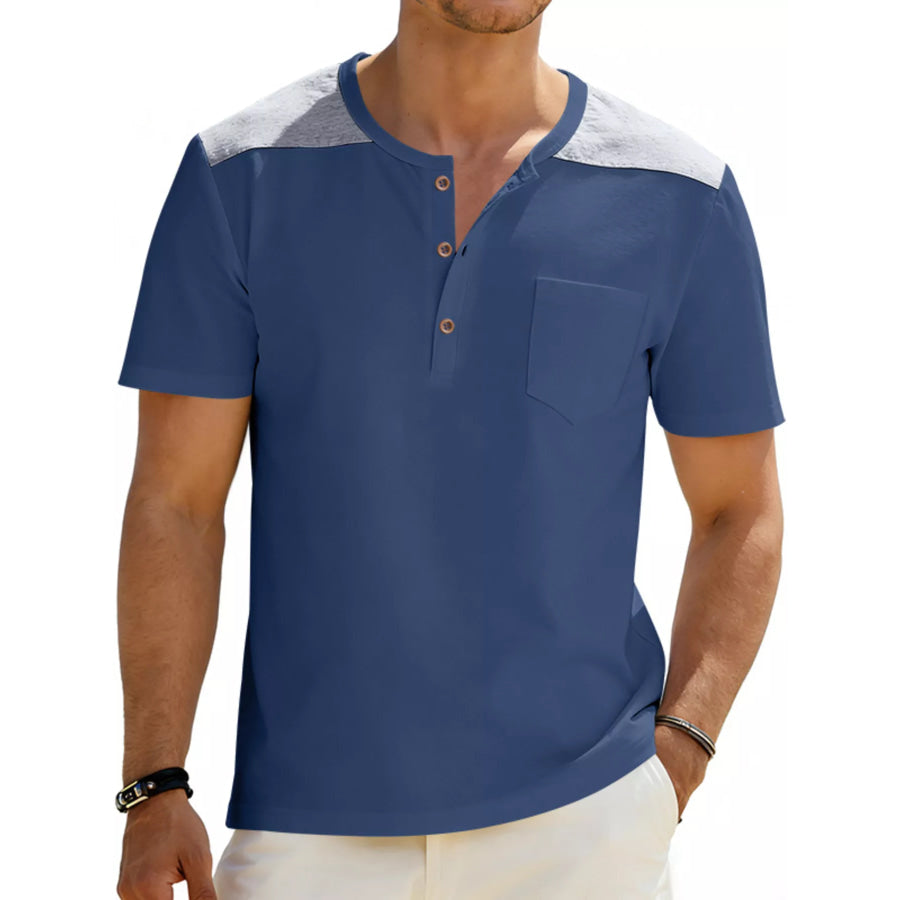 Men’s Full Size Casual Henley T-Shirt with Pocket Plus Blue / S Apparel and Accessories