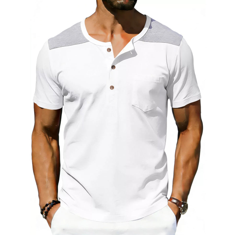 Men’s Full Size Casual Henley T-Shirt with Pocket Plus Gray/white / S Apparel and Accessories