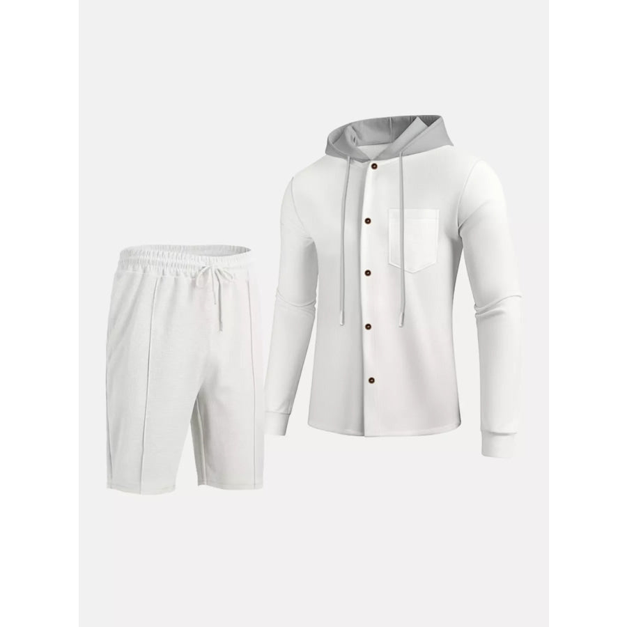 Men’s Full Size Casual Hooded Button-Up Top and Shorts Set Plus Size Apparel and Accessories