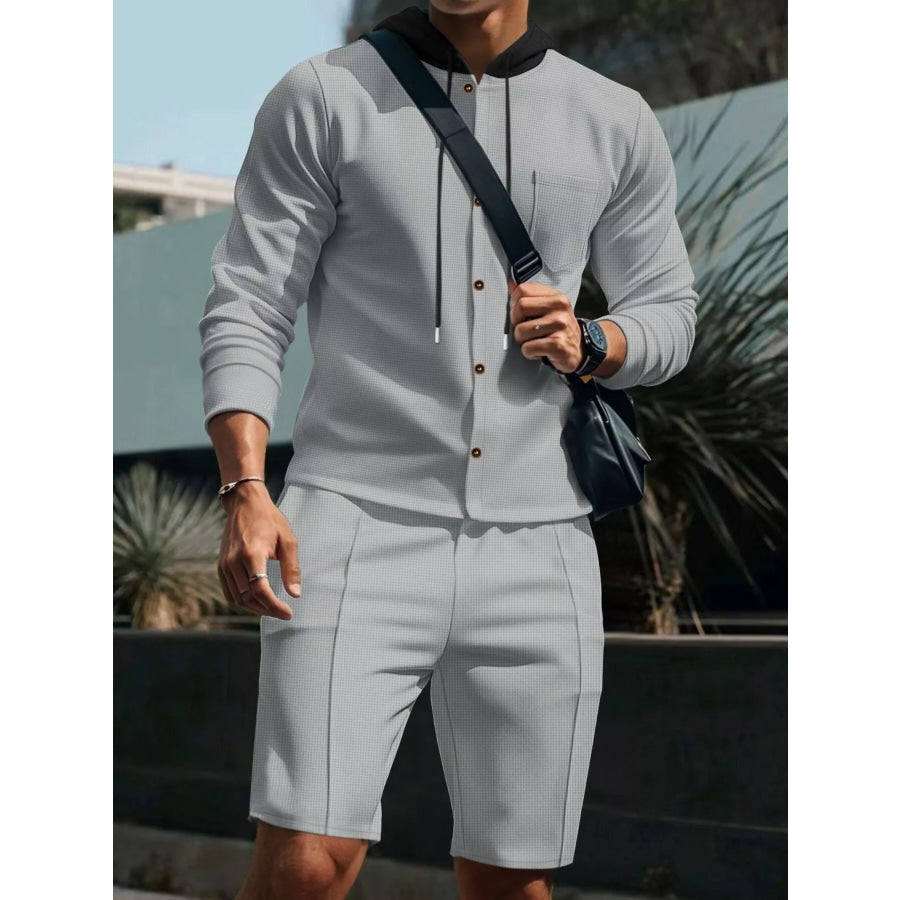 Men’s Full Size Casual Hooded Button-Up Top and Shorts Set Plus Size Apparel and Accessories