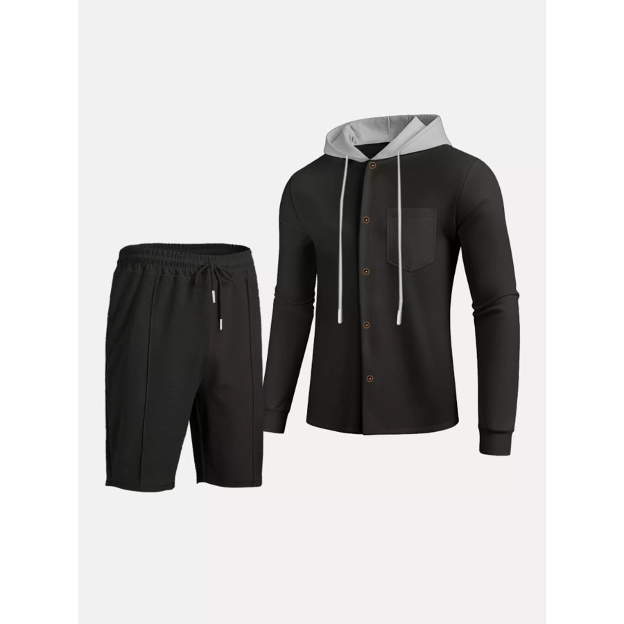 Men’s Full Size Casual Hooded Button-Up Top and Shorts Set Plus Size Apparel and Accessories