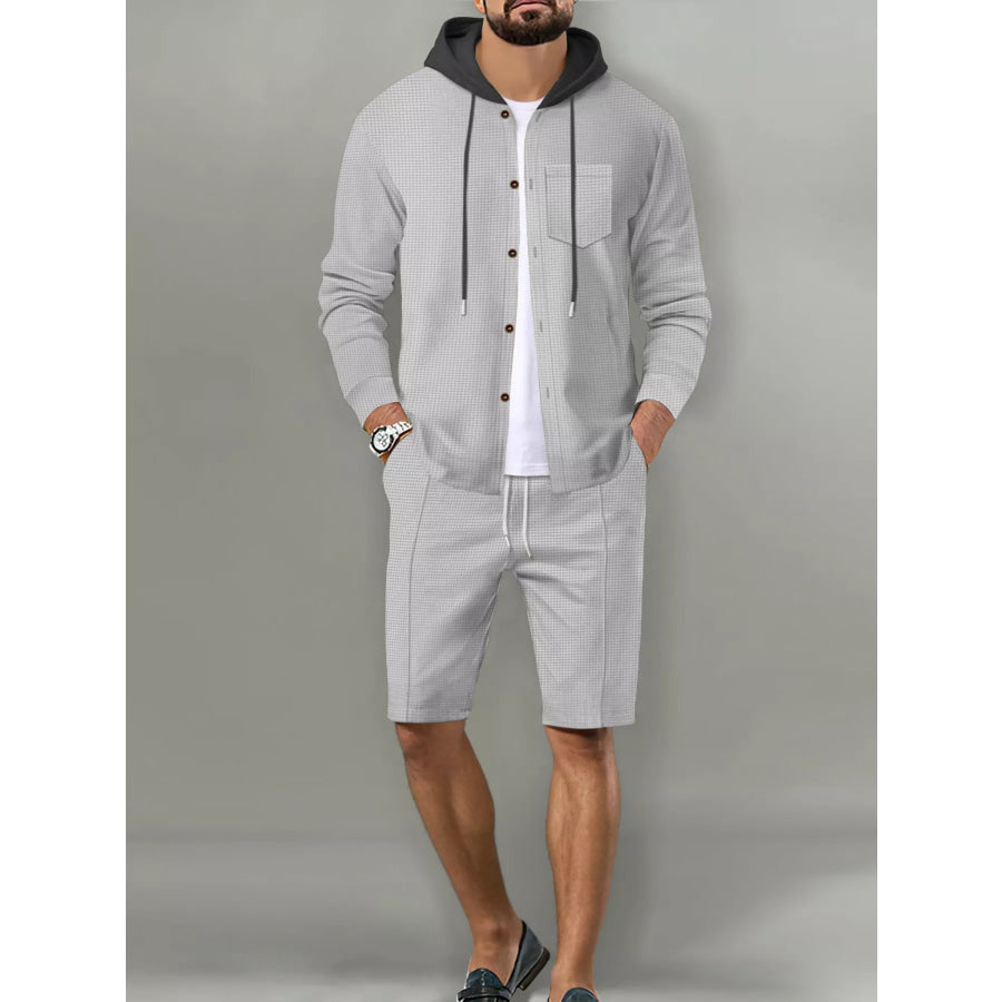 Men’s Full Size Casual Hooded Button-Up Top and Shorts Set Plus Size Apparel and Accessories