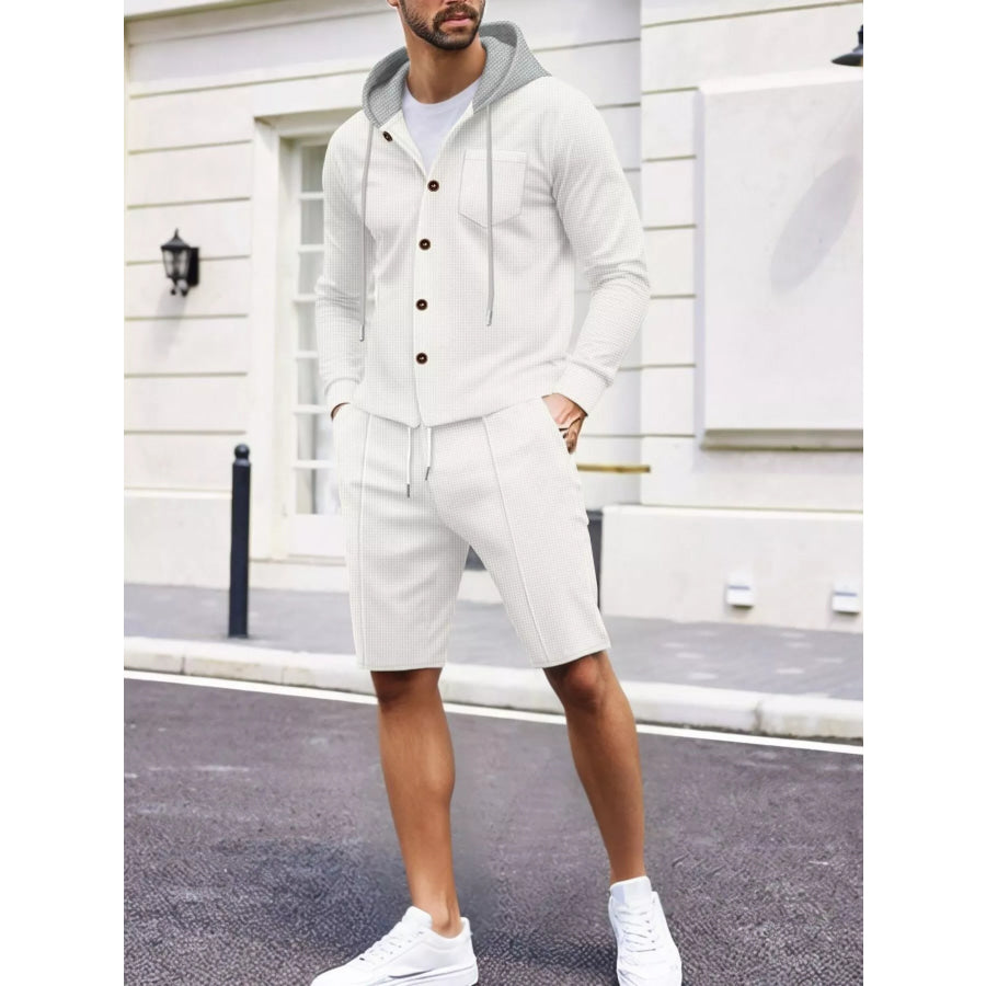 Men’s Full Size Casual Hooded Button-Up Top and Shorts Set Plus Size Apparel and Accessories