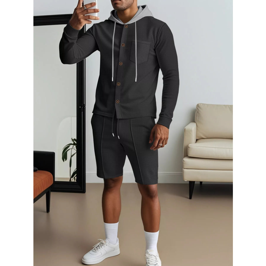 Men’s Full Size Casual Hooded Button-Up Top and Shorts Set Plus Size Apparel and Accessories