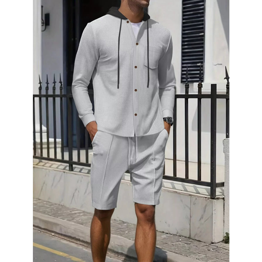 Men’s Full Size Casual Hooded Button-Up Top and Shorts Set Plus Size Apparel and Accessories
