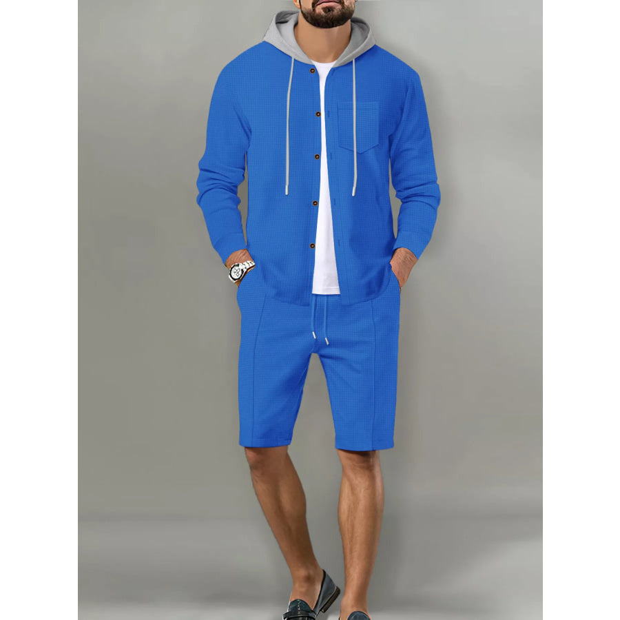 Men’s Full Size Casual Hooded Button-Up Top and Shorts Set Plus Size Apparel and Accessories