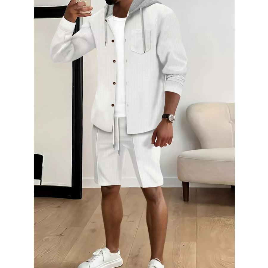 Men’s Full Size Casual Hooded Button-Up Top and Shorts Set Plus Size Apparel and Accessories