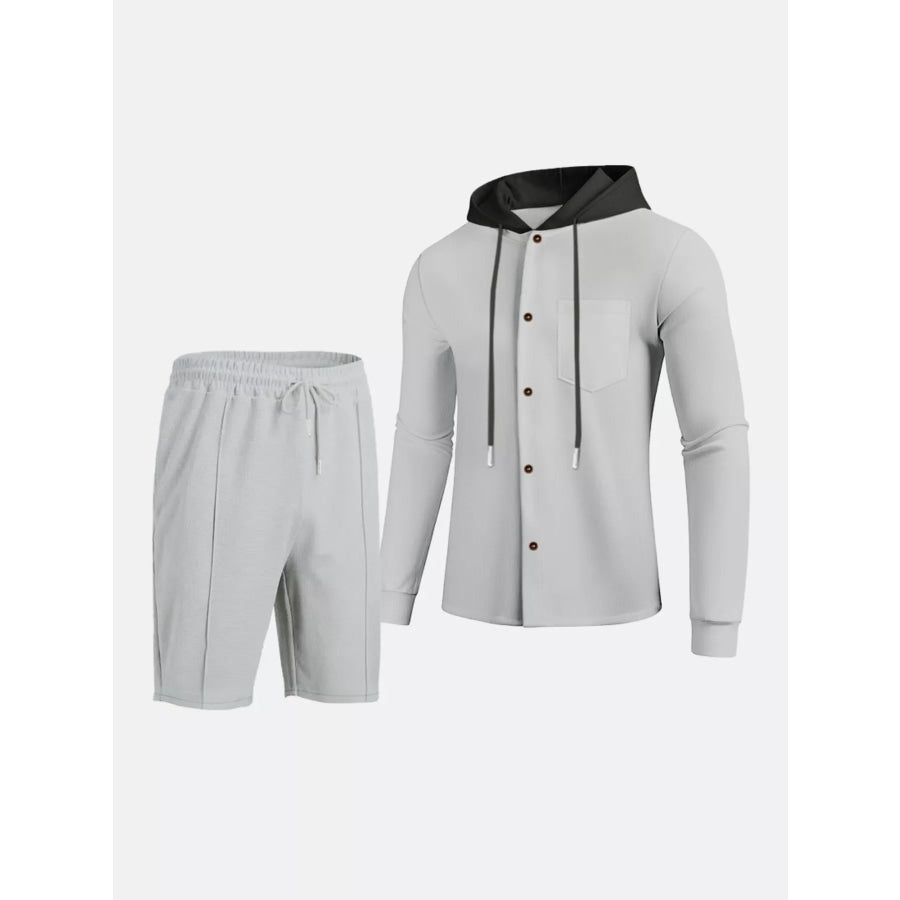 Men’s Full Size Casual Hooded Button-Up Top and Shorts Set Plus Size Apparel and Accessories