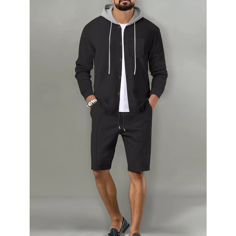 Men’s Full Size Casual Hooded Button-Up Top and Shorts Set Plus Size Apparel and Accessories