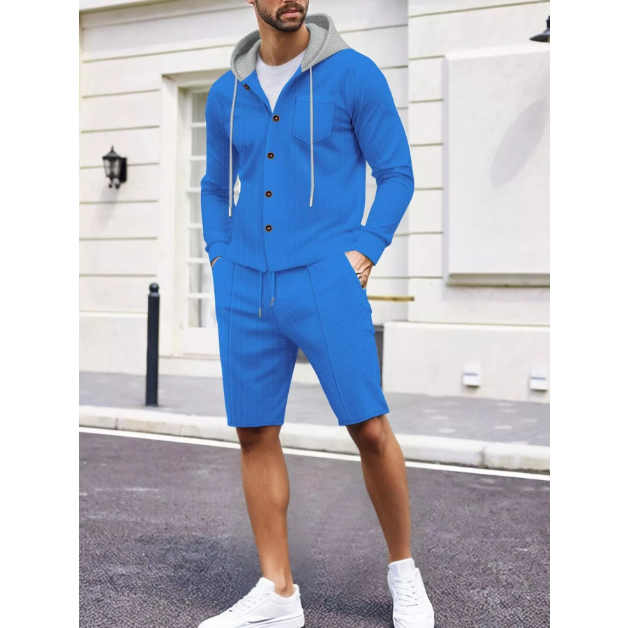 Men’s Full Size Casual Hooded Button-Up Top and Shorts Set Plus Size Apparel and Accessories