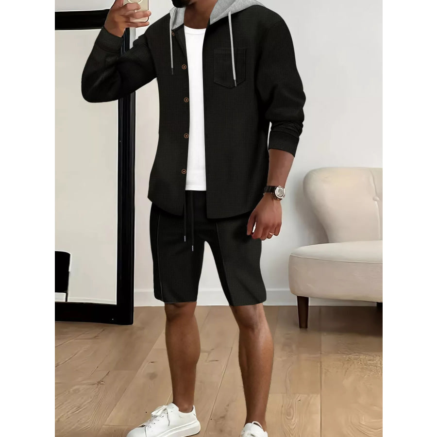 Men’s Full Size Casual Hooded Button-Up Top and Shorts Set Plus Size Apparel and Accessories