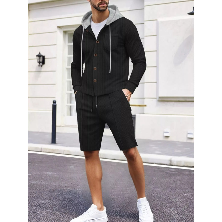 Men’s Full Size Casual Hooded Button-Up Top and Shorts Set Plus Size Black / S Apparel and Accessories
