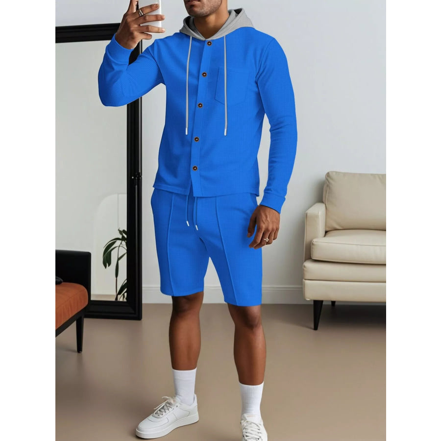 Men’s Full Size Casual Hooded Button-Up Top and Shorts Set Plus Size Blue / S Apparel and Accessories