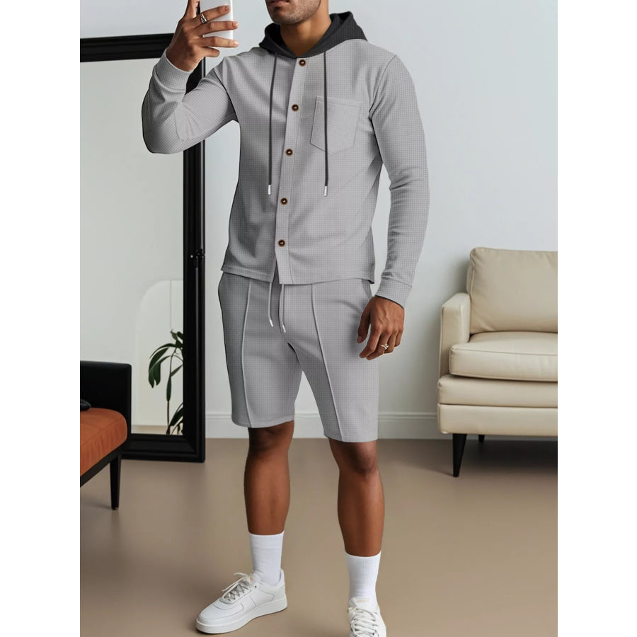 Men’s Full Size Casual Hooded Button-Up Top and Shorts Set Plus Size Grey / S Apparel and Accessories