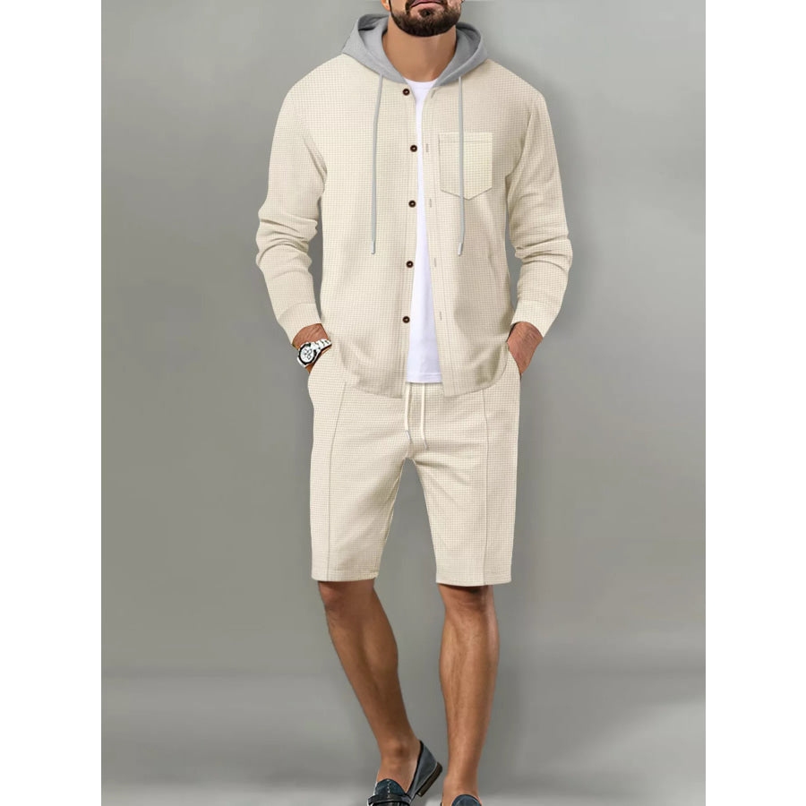 Men’s Full Size Casual Hooded Button-Up Top and Shorts Set Plus Size Tan / S Apparel and Accessories