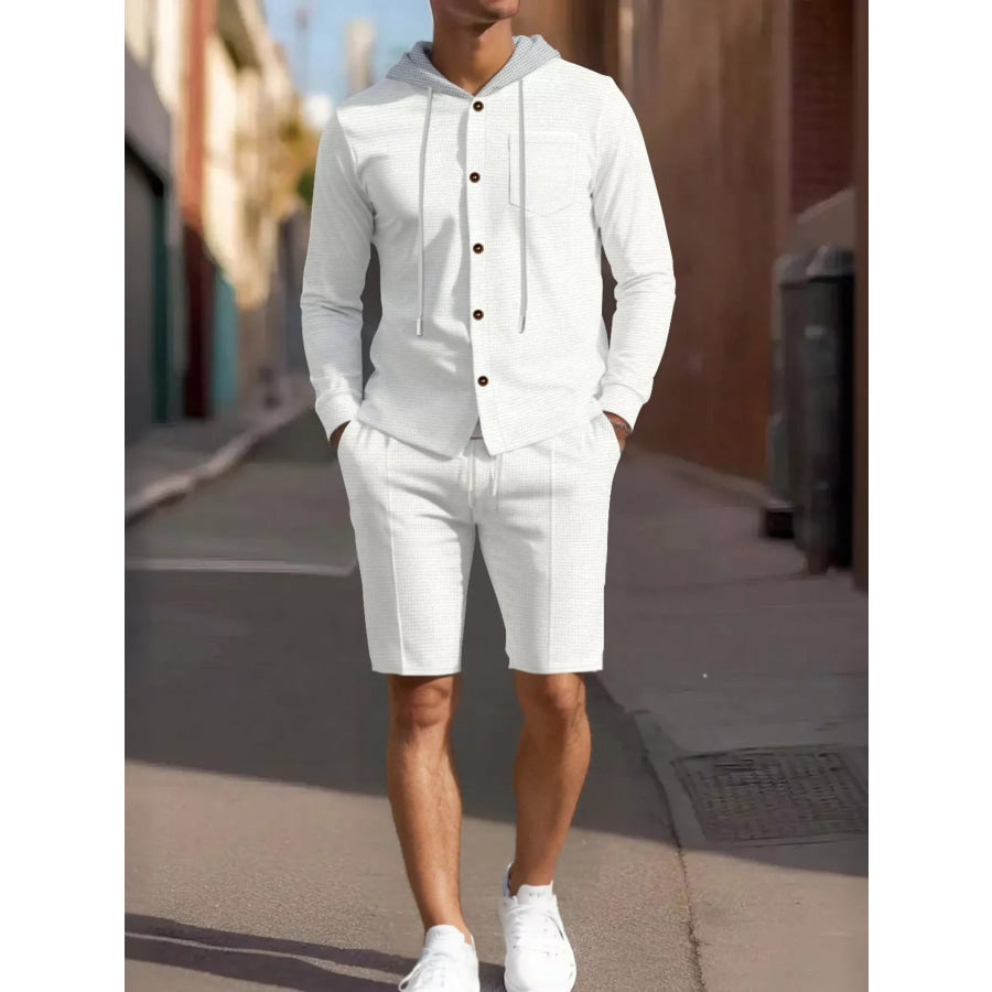 Men’s Full Size Casual Hooded Button-Up Top and Shorts Set Plus Size White / S Apparel and Accessories