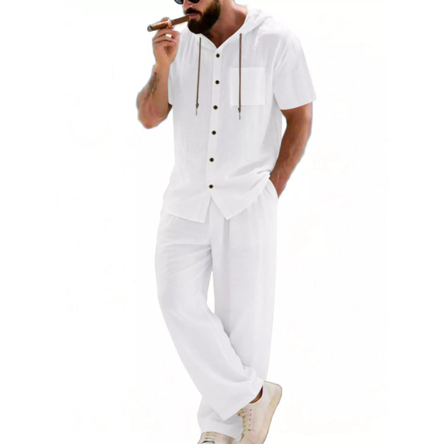 Men’s Full Size Casual Hooded Short Sleeve Shirt and Pants Two-Piece Set Plus Size Apparel and Accessories