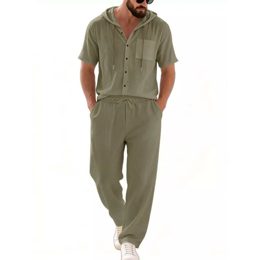 Men’s Full Size Casual Hooded Short Sleeve Shirt and Pants Two-Piece Set Plus Size Army Green / S Apparel and Accessories
