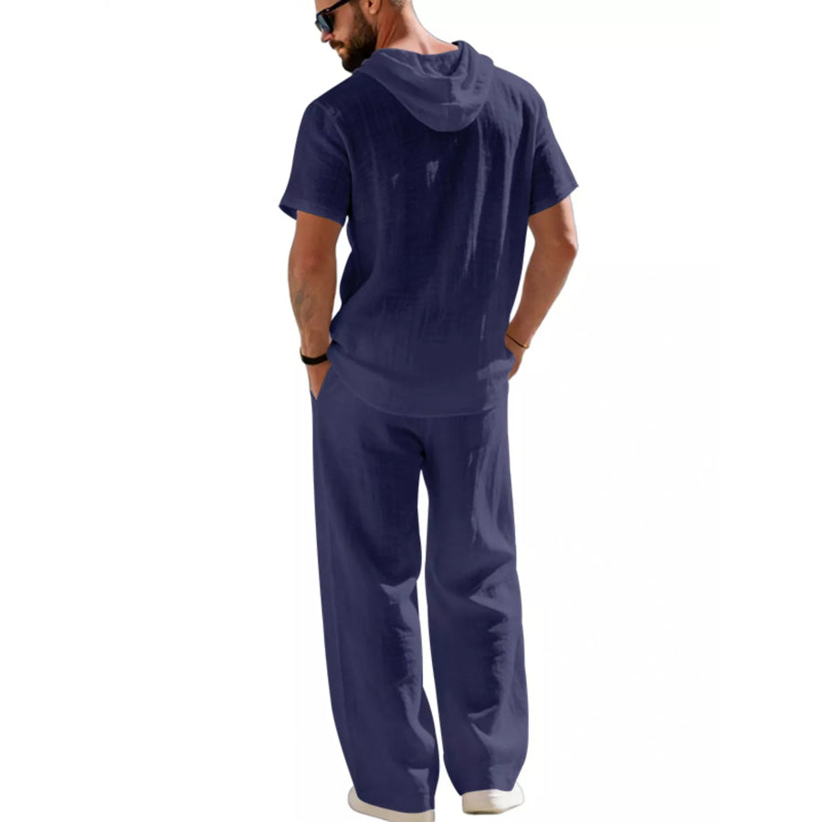 Men’s Full Size Casual Hooded Short Sleeve Shirt and Pants Two-Piece Set Plus Size Apparel and Accessories