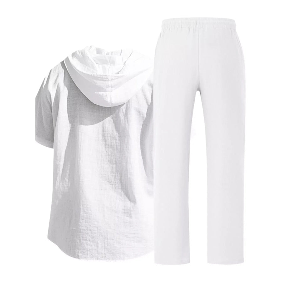 Men’s Full Size Casual Hooded Short Sleeve Shirt and Pants Two-Piece Set Plus Size Apparel and Accessories