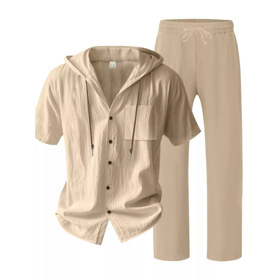 Men’s Full Size Casual Hooded Short Sleeve Shirt and Pants Two-Piece Set Plus Size Apparel and Accessories
