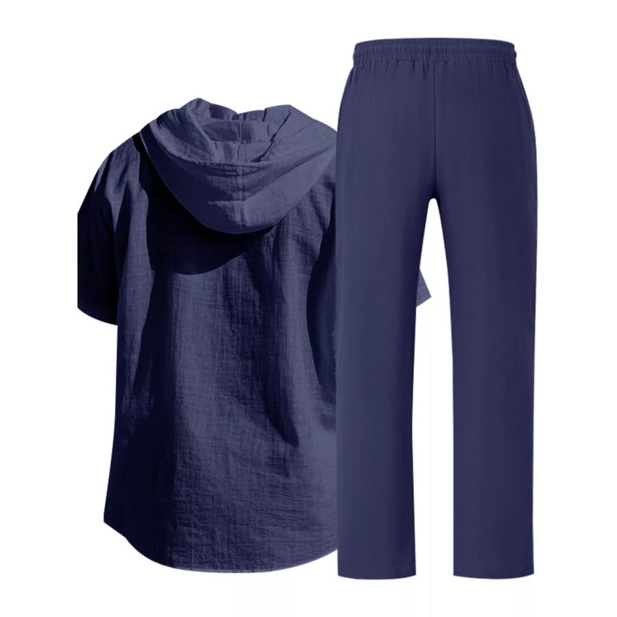 Men’s Full Size Casual Hooded Short Sleeve Shirt and Pants Two-Piece Set Plus Size Apparel and Accessories