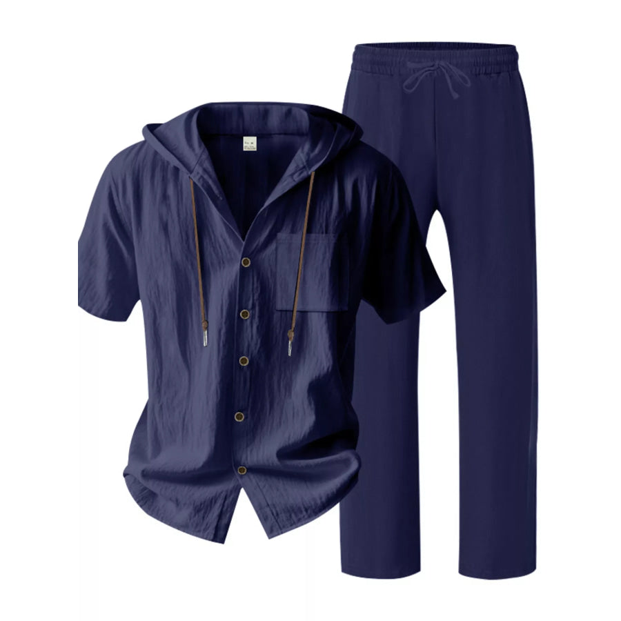 Men’s Full Size Casual Hooded Short Sleeve Shirt and Pants Two-Piece Set Plus Size Apparel and Accessories