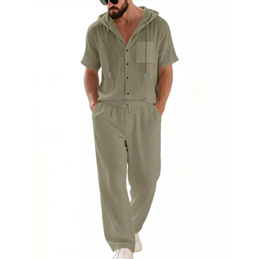 Men’s Full Size Casual Hooded Short Sleeve Shirt and Pants Two-Piece Set Plus Size Apparel and Accessories