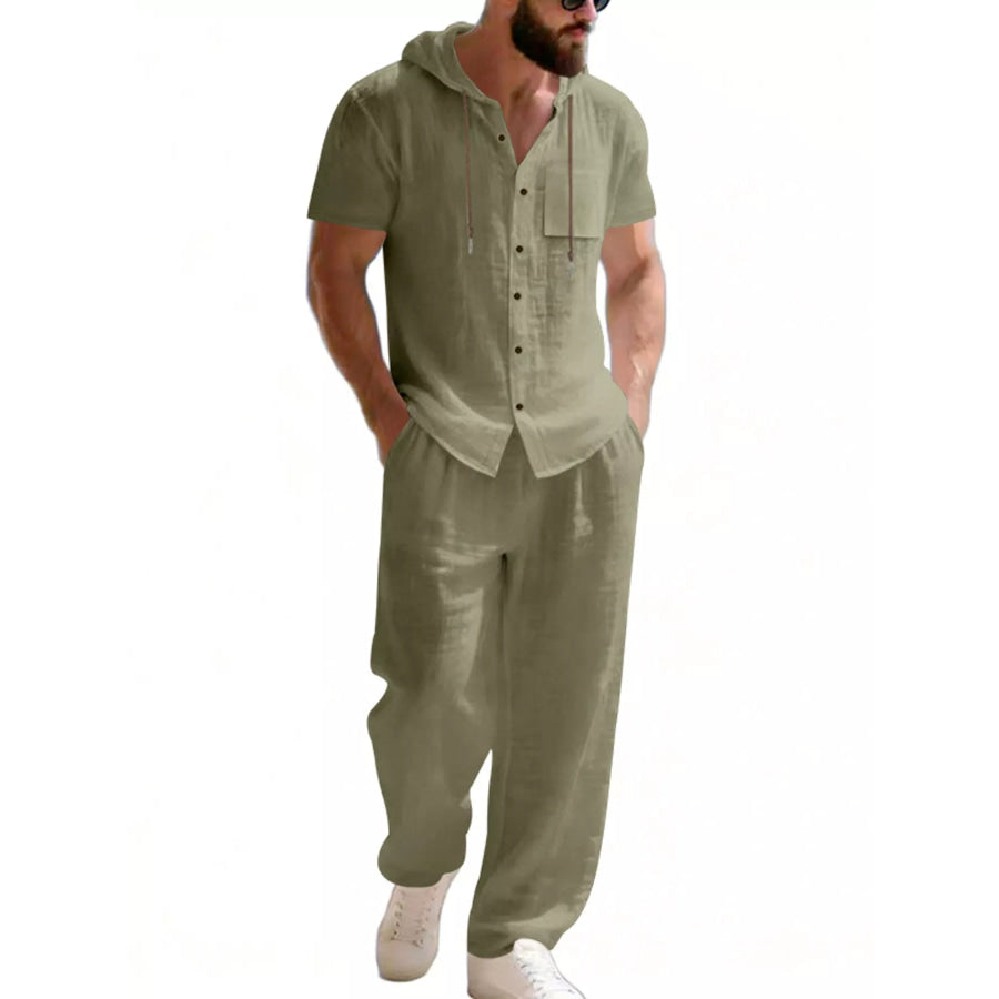 Men’s Full Size Casual Hooded Short Sleeve Shirt and Pants Two-Piece Set Plus Size Army Green / S Apparel and Accessories