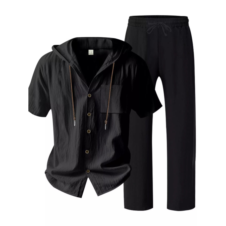 Men’s Full Size Casual Hooded Short Sleeve Shirt and Pants Two-Piece Set Plus Size Black / S Apparel and Accessories