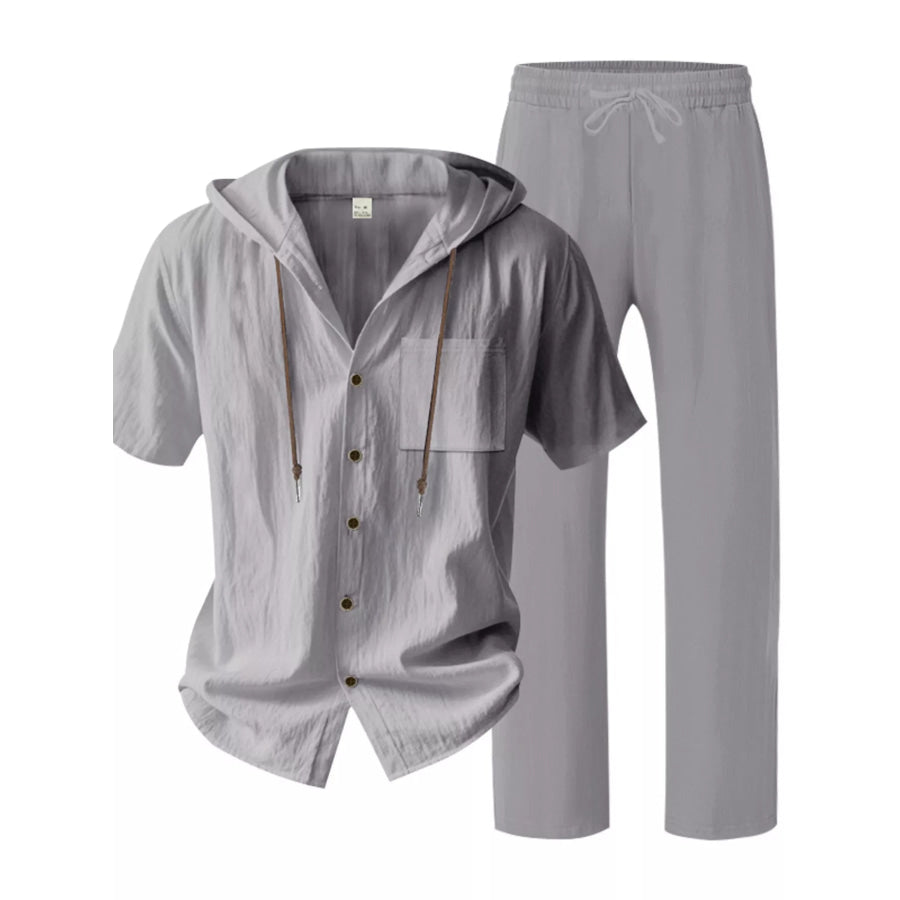 Men’s Full Size Casual Hooded Short Sleeve Shirt and Pants Two-Piece Set Plus Size Gray / S Apparel and Accessories