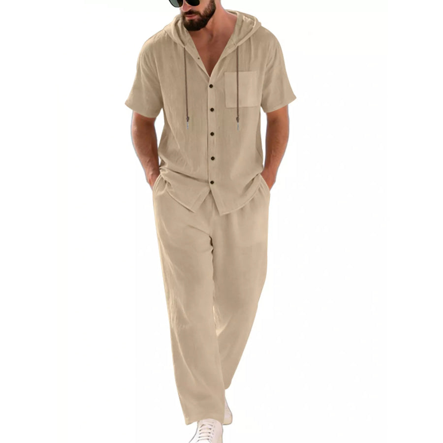 Men’s Full Size Casual Hooded Short Sleeve Shirt and Pants Two-Piece Set Plus Size Khaki / S Apparel and Accessories