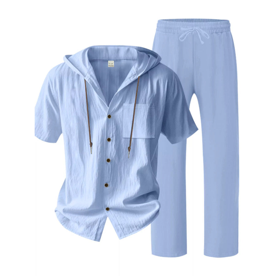 Men’s Full Size Casual Hooded Short Sleeve Shirt and Pants Two-Piece Set Plus Size Light Blue / S Apparel and Accessories