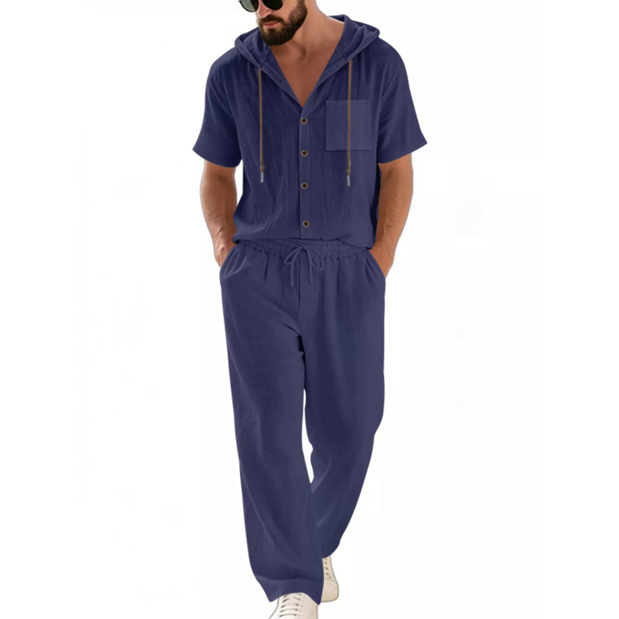 Men’s Full Size Casual Hooded Short Sleeve Shirt and Pants Two-Piece Set Plus Size Navy / S Apparel and Accessories